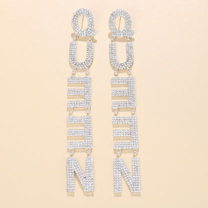 Women Fashion Exaggerated Long Zircon Queen Letter Earrings