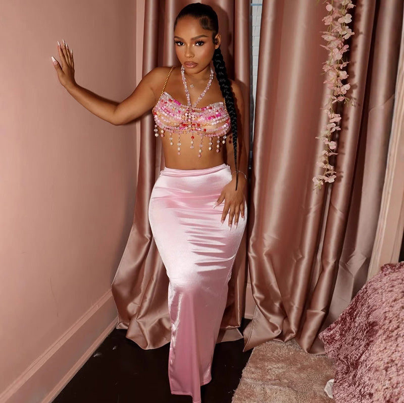 Women Summer Solid Color Satin Slim-Fit Skirt - High Waist Long Dress