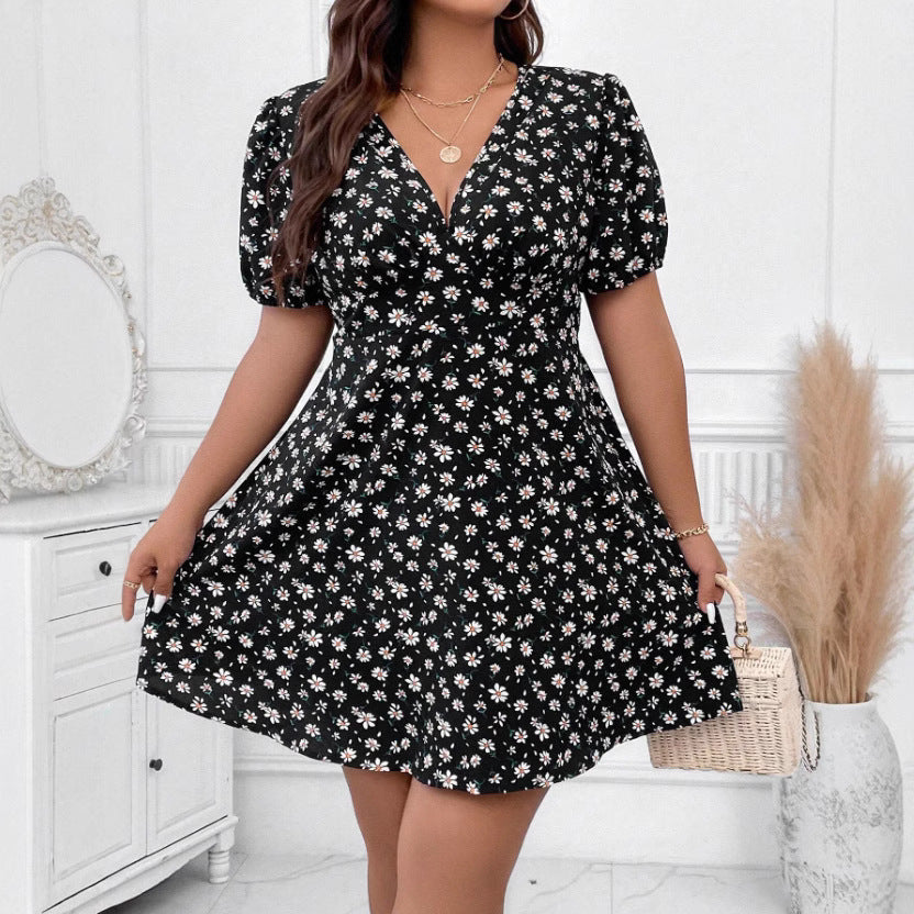 Vestido holgado informal con mangas abullonadas y cuello en V floral para mujer