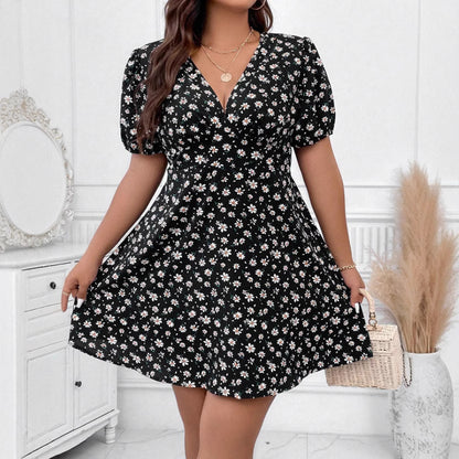 Vestido holgado informal con mangas abullonadas y cuello en V floral para mujer
