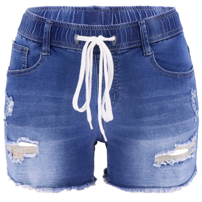 Pantalones cortos vaqueros con cordón y cintura alta informales a la moda para mujer