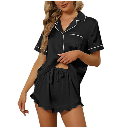 Women Fashion Casual Silk Satin Short-Sleeved Pajamas Set