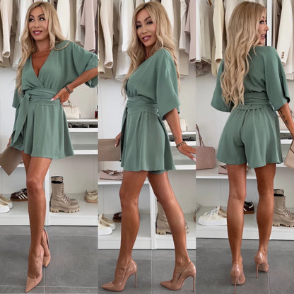 Women Fashion Elegant Solid Color V-Neck Shorts Skirt