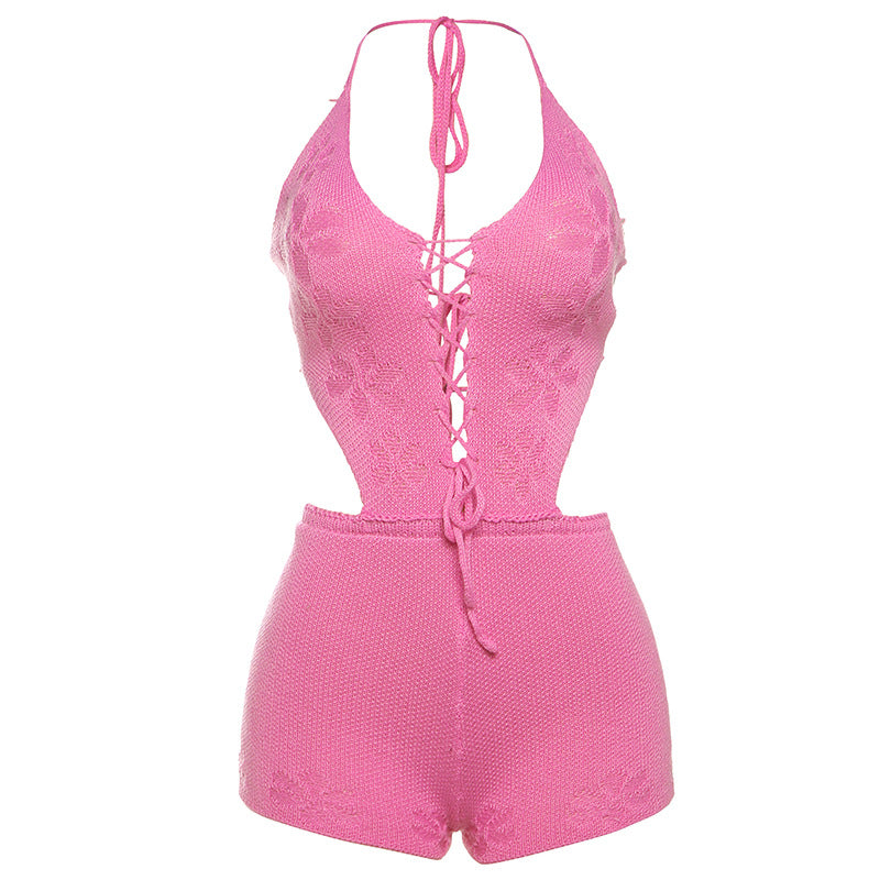 Combinaison dos nu en tricot ajouré et sexy pour femme, couleur unie