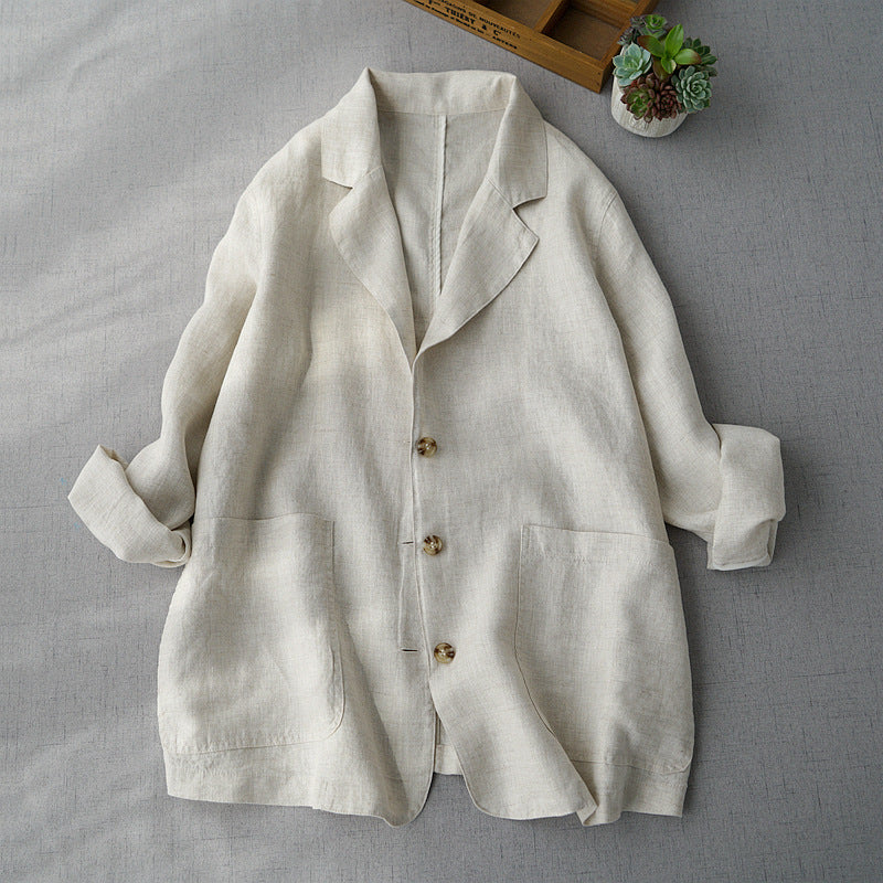 Abrigo informal de lino con solapa de color liso a la moda para mujer