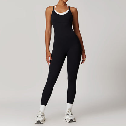 Women Fashion Fake Two-Piece Contrast Color Yoga Jumpsuit