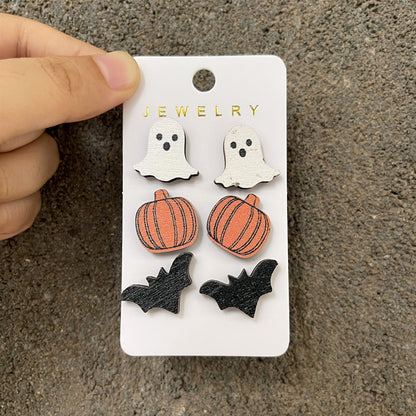 Halloween Women Wooden Earrings Set with Pumpkins Bats Ghosts