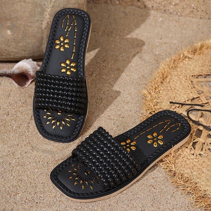Chaussons plats creux tendance avec motif floral et tige en PVC
