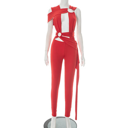 Women Sexy Irregular Strap Sleeveless Jumpsuit in Milk Silk