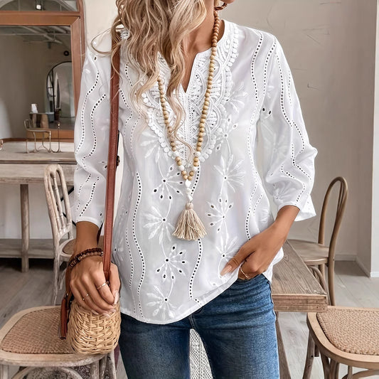 Women Casual Boho Loose Chiffon Embroidered Hollow-Out V-Neck Horn Sleeve Blouse