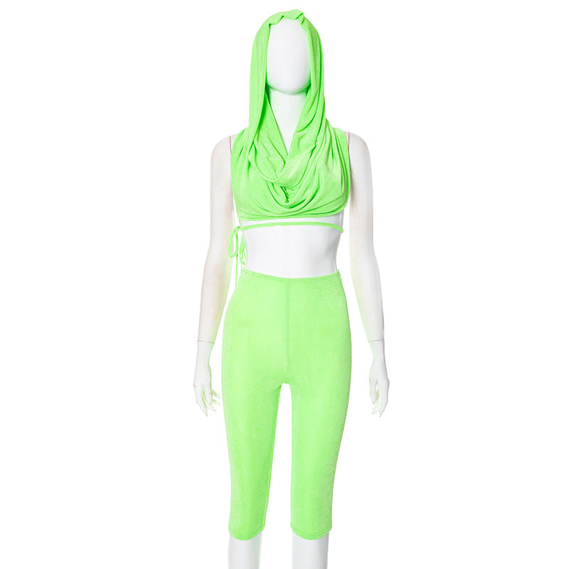 Women Fashion Sexy Solid Color Crop Top Set