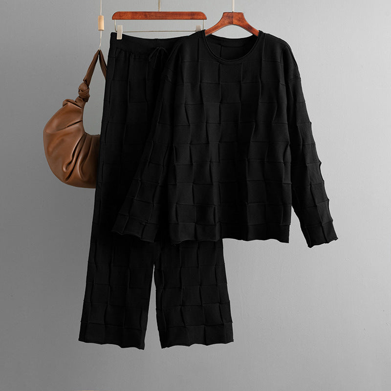 Women Casual Solid Color Square Plaid Sweater and Pants Set
