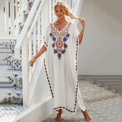 Women Fashion Casual Vacation Floral Embroidered Long Cover-Ups