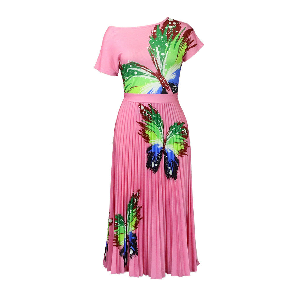 Women Fashion Plus Size Butterfly Print Top & Skirt Set