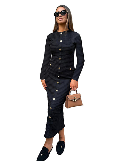 Vestido de punto de manga larga con cuello redondo retro a la moda para mujer