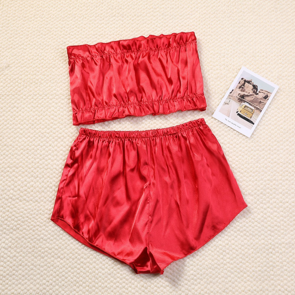 Women Sexy Solid Color Tube Top Satin Pajamas Two-Piece Set