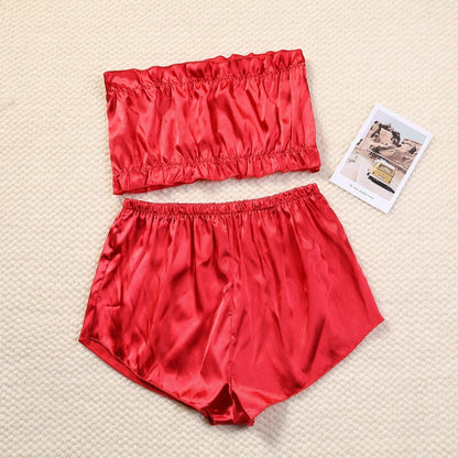 Women Sexy Solid Color Tube Top Satin Pajamas Two-Piece Set
