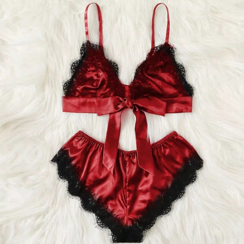 Sexy See-Through Elastic Pajamas Lace Satin Sleepwear Set