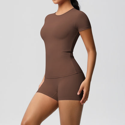 Ensemble de yoga décontracté pour femme, t-shirt à manches courtes et short moulant de couleur unie