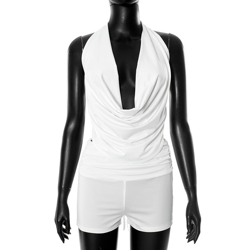 Women Fashion Halter Neck Backless Tank Top and Tight Shorts Two-Piece Set