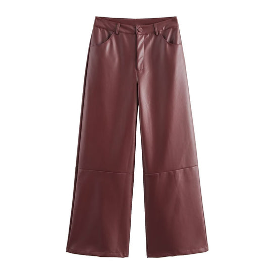 Women Fashion Casual High Waist Loose Leather Pants