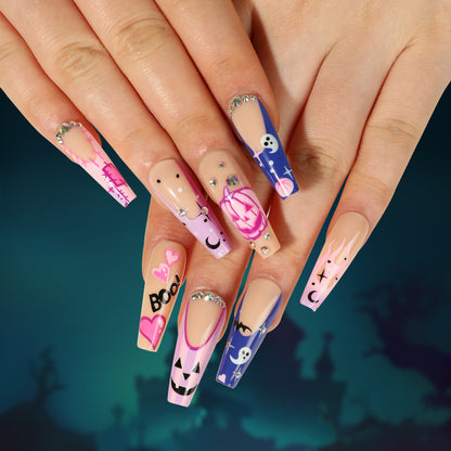 Women Halloween Pink Purple Purple Pumpkin Heart White Ghost Nails