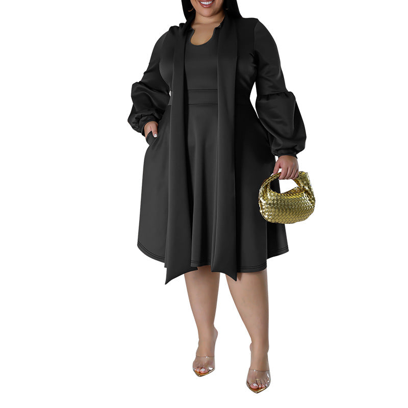 Women Fashion Causal Solid Color Long Dress with Bubble Sleeves