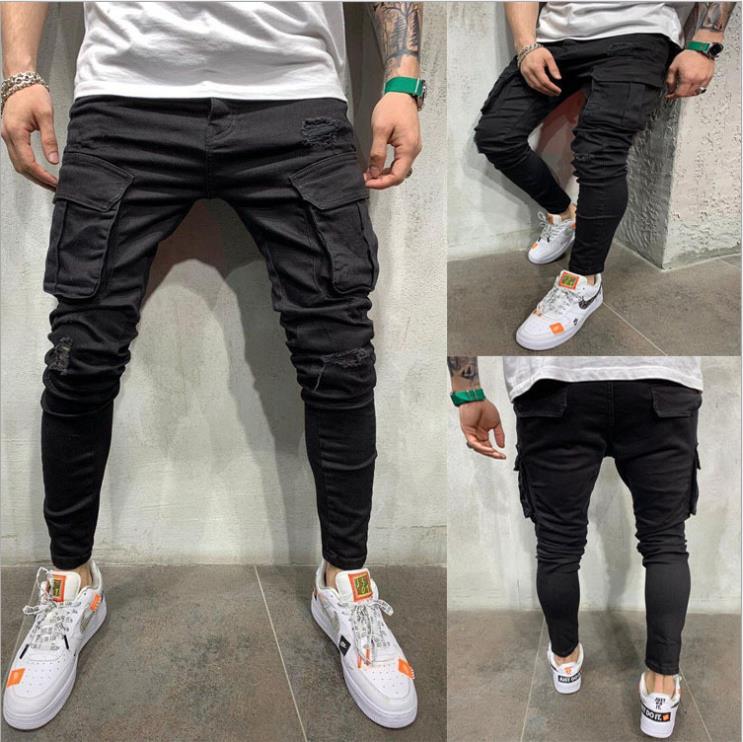 Men Casual Solid Color Stretch Denim Jeans with Multi-Pockets