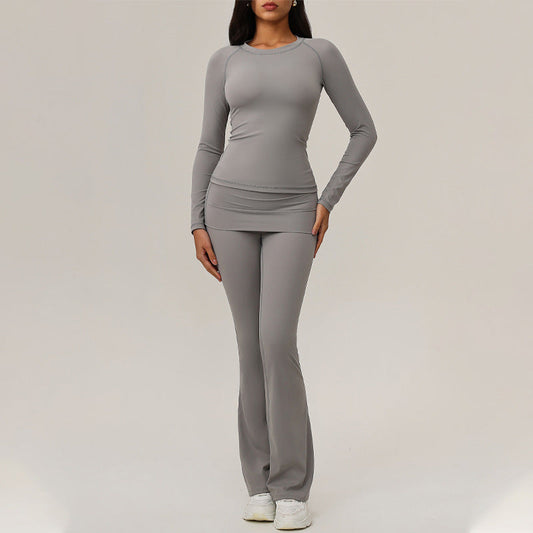 Women Yoga Solid Color Long Sleeve Trousers Set
