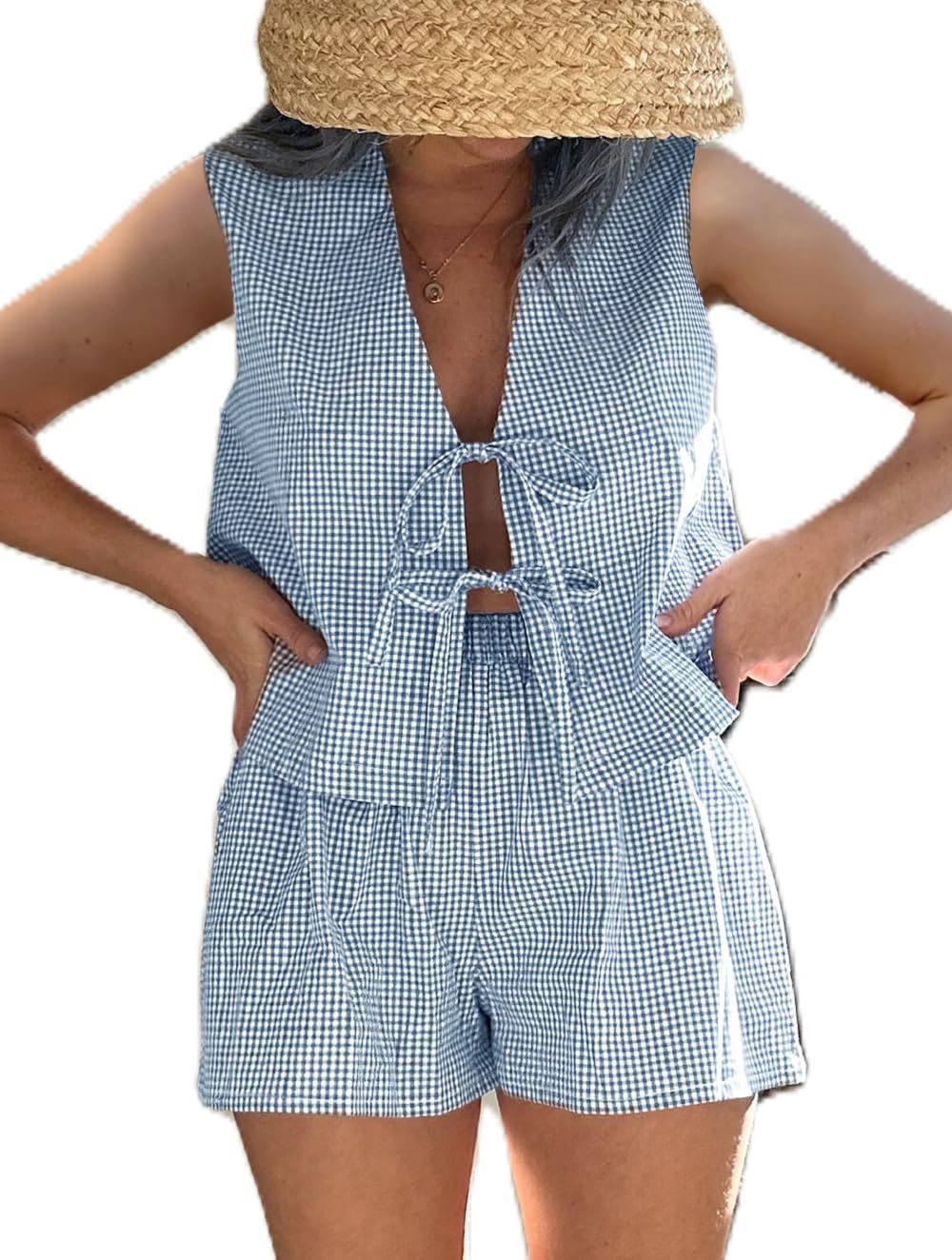 Ensemble débardeur décontracté à lacets et carreaux pour femme