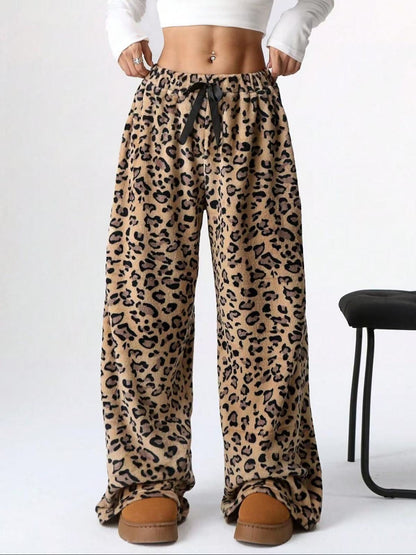 Women Casual Leopard Straight Leg Wide Leg Pants