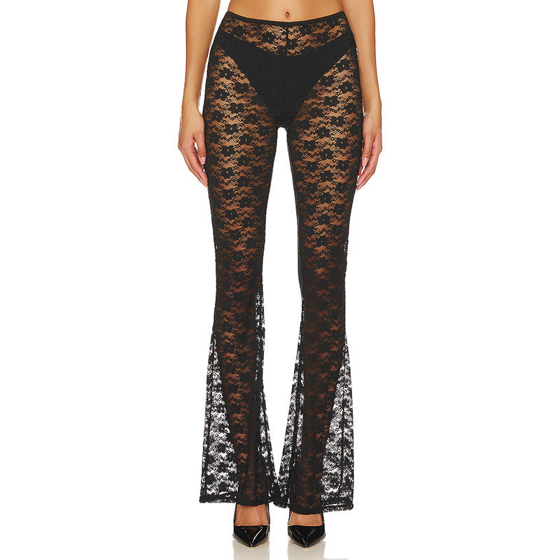 Pantalones acampanados de encaje transparente para mujer