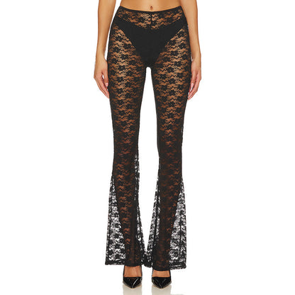 Pantalones acampanados de encaje transparente para mujer