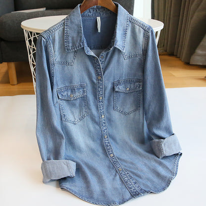 Abrigo vaquero informal de manga larga con cuello tipo polo para mujer