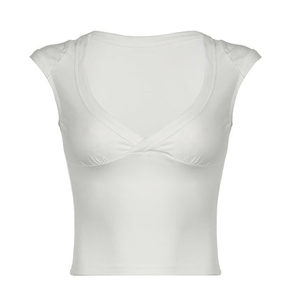 Women Simple Solid Color V-Neck Slim-Fit Blank T-Shirt