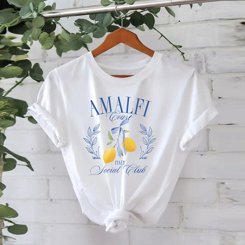 Camiseta de verano de algodón puro con estampado de limones para mujer
