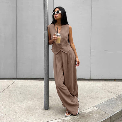 Women Fashion Casual Solid Color Stripe V-Neck Tank Set