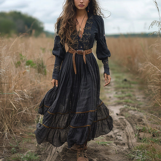 Women Retro Boho Embroidered Tencel V-Neck Dress
