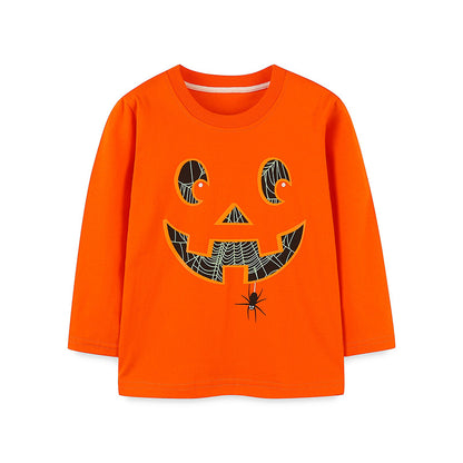 T-shirt à manches longues en coton imprimé citrouille pour enfants, garçons et filles