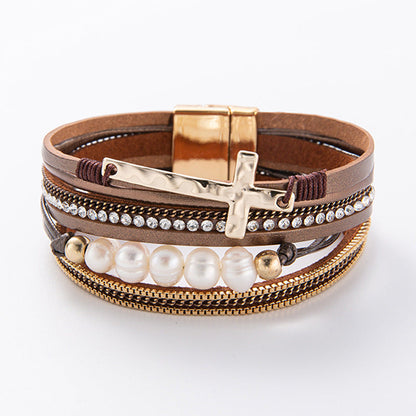 Bohemian PU Multi-Layer Wide-Brimmed Cross Bracelet