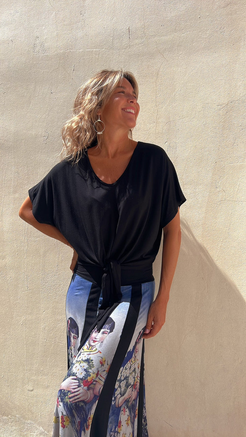 Women Fashion Casual Solid Color Irregular Knotted Hem V Neck Blank T-Shirt
