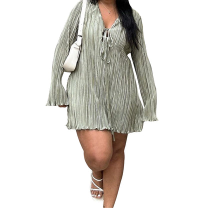 Vestido informal de manga larga con cuello en V y talla grande para mujer