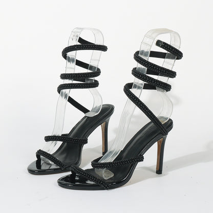 Women Fashion Sexy Solid Color Pearl Tape Snake-Heeled Shoes