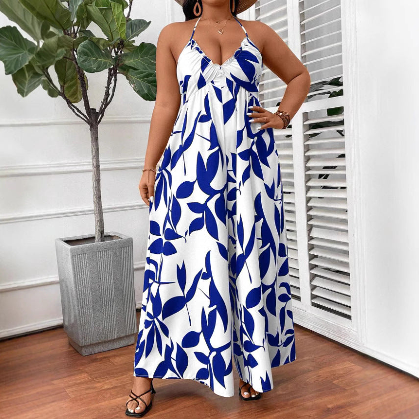 Women Fashion Casual Plus Size Printed Halter Neck Lace Up Jumpsuits in Polyester