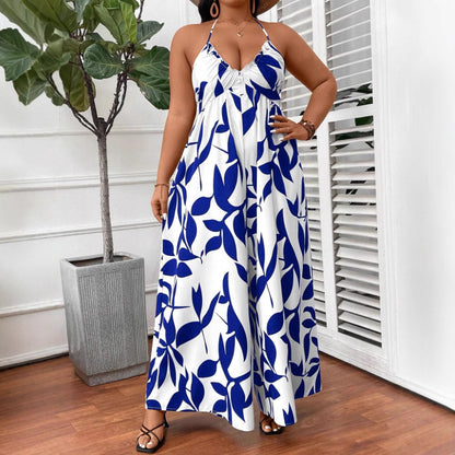Women Fashion Casual Plus Size Printed Halter Neck Lace Up Jumpsuits in Polyester