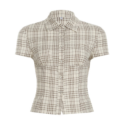 Blusa informal de manga corta con solapa y rayas para mujer