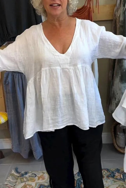 Women Casual Solid Cotton Linen V-Neck Blouse