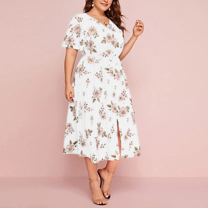 Vestido informal de gasa con cuello en V y estampado floral para mujer, talla grande
