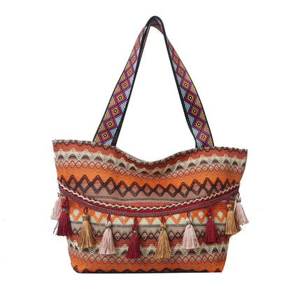 Bolso de mano de gran capacidad con borlas étnicas bohemias