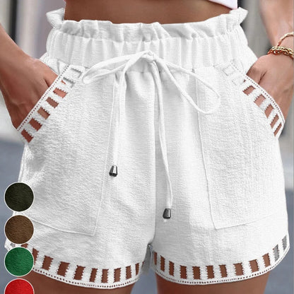 Women Casual Summer Cotton Linen Solid Color Hollow Hem Shorts